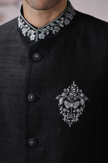 Buy Mahima Mahajan Black Silk, Cotton Embroidery Tavish Bandhgala And Trouser Set Buy_Mahima Mahajan_Black Silk, Cotton Embroidery Tavish Bandhgala And Trouser Set