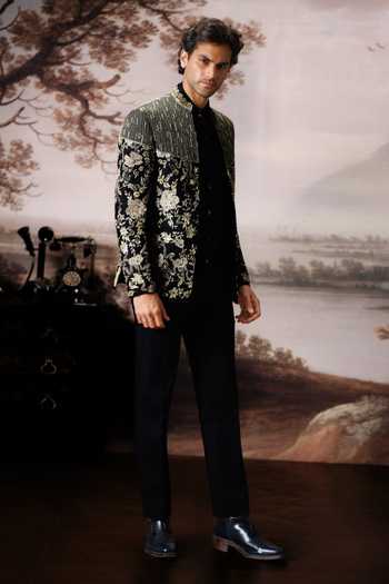 Mahima Mahajan Black Silk, , Linen, Cotton Prayan Embroidered Bandhgala Jacket Set Online at Aza Fashions Mahima Mahajan_Black Silk, , Linen, Cotton Prayan Embroidered Bandhgala Jacket Set _Online_at_Aza_Fashions