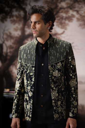 Buy Mahima Mahajan Black Silk, , Linen, Cotton Prayan Embroidered Bandhgala Jacket Set Buy_Mahima Mahajan_Black Silk, , Linen, Cotton Prayan Embroidered Bandhgala Jacket Set