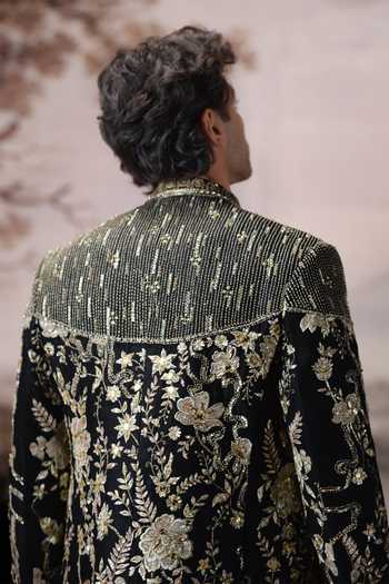 Shop Mahima Mahajan Black Silk, , Linen, Cotton Prayan Embroidered Bandhgala Jacket Set Shop_Mahima Mahajan_Black Silk, , Linen, Cotton Prayan Embroidered Bandhgala Jacket Set