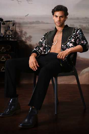 Buy_Mahima Mahajan_Black Silk, Cotton Satin Aarish Bomber Jacket And Trouser Set _Online_at_Aza_Fashions