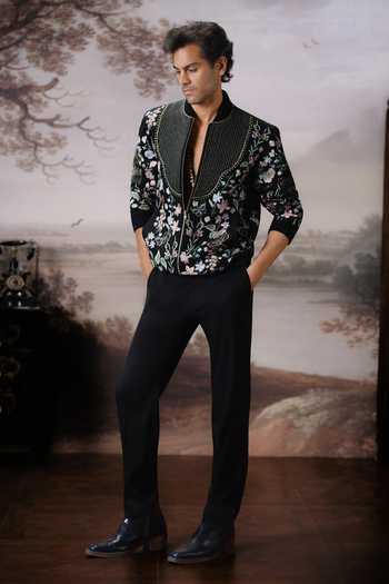 Shop_Mahima Mahajan_Black Silk, Cotton Satin Aarish Bomber Jacket And Trouser Set _Online_at_Aza_Fashions