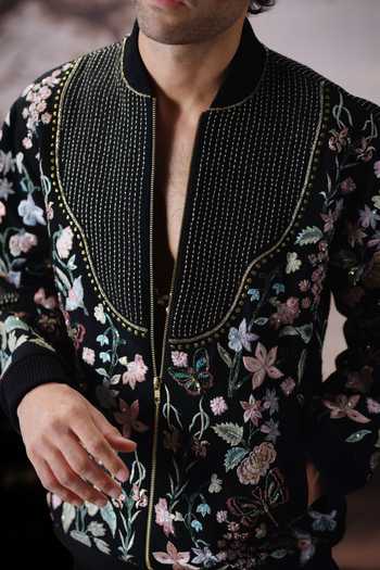 Buy_Mahima Mahajan_Black Silk, Cotton Satin Aarish Bomber Jacket And Trouser Set 