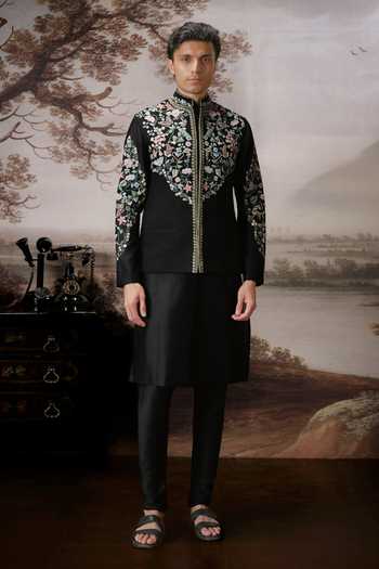 Buy Mahima Mahajan Black Silk, Chanderi Embroidery Atharv Bundi And Kurta Set Online at Aza Fashions Buy_Mahima Mahajan_Black Silk, Chanderi Embroidery Atharv Bundi And Kurta Set _Online_at_Aza_Fashions