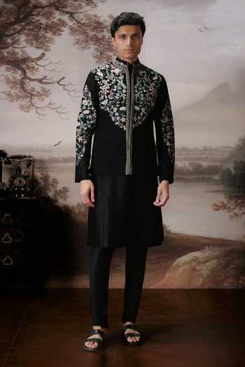 Shop Mahima Mahajan Black Silk, Chanderi Embroidery Atharv Bundi And Kurta Set Online at Aza Fashions Shop_Mahima Mahajan_Black Silk, Chanderi Embroidery Atharv Bundi And Kurta Set _Online_at_Aza_Fashions