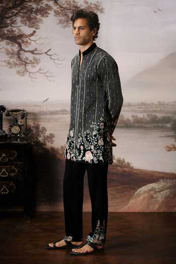 Shop_Mahima Mahajan_Black Chanderi, Cotton Satin Arnit Embroidered Kurta Set _Online_at_Aza_Fashions