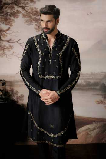 Shop Mahima Mahajan Black Chanderi Zavian Embroidered Kurta Set Online at Aza Fashions Shop_Mahima Mahajan_Black Chanderi Zavian Embroidered Kurta Set _Online_at_Aza_Fashions