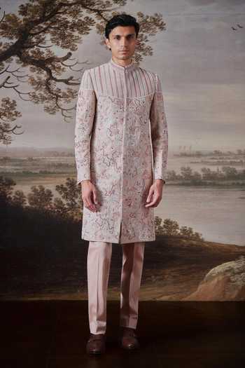 Buy Mahima Mahajan Pink Chanderi, Cotton Satin Tavir Embroidered Sherwani Set Online at Aza Fashions Buy_Mahima Mahajan_Pink Chanderi, Cotton Satin Tavir Embroidered Sherwani Set _Online_at_Aza_Fashions