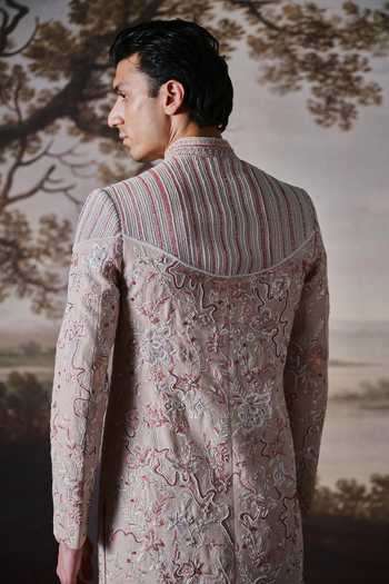 Shop Mahima Mahajan Pink Chanderi, Cotton Satin Tavir Embroidered Sherwani Set Online at Aza Fashions Shop_Mahima Mahajan_Pink Chanderi, Cotton Satin Tavir Embroidered Sherwani Set _Online_at_Aza_Fashions