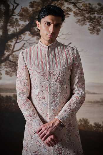 Mahima Mahajan Pink Chanderi, Cotton Satin Tavir Embroidered Sherwani Set at Aza Fashions Mahima Mahajan_Pink Chanderi, Cotton Satin Tavir Embroidered Sherwani Set _at_Aza_Fashions