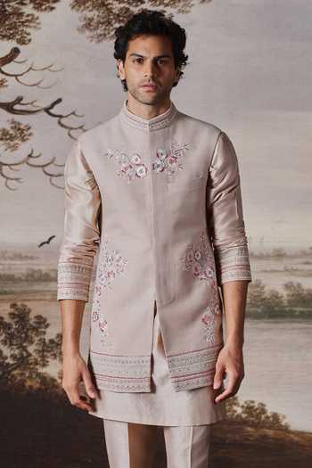 Buy_Mahima Mahajan_Pink Silk, Chanderi Embroidery Aagam Bundi And Kurta Set _Online_at_Aza_Fashions