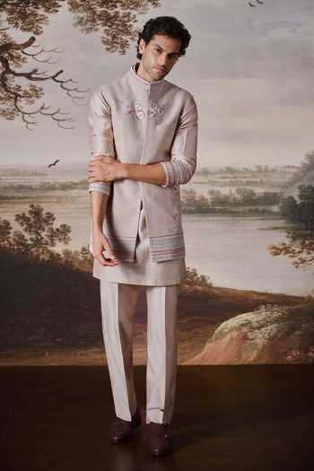 Shop_Mahima Mahajan_Pink Silk, Chanderi Embroidery Aagam Bundi And Kurta Set _Online_at_Aza_Fashions