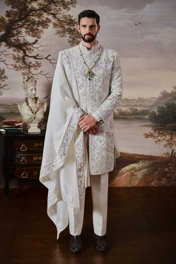 Mahima Mahajan Ivory , Cotton Satin, Silk Ved Embroidered Sherwani Set Online at Aza Fashions Mahima Mahajan_Ivory , Cotton Satin, Silk Ved Embroidered Sherwani Set _Online_at_Aza_Fashions