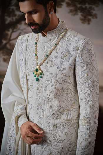 Shop Mahima Mahajan Ivory , Cotton Satin, Silk Ved Embroidered Sherwani Set Online at Aza Fashions Shop_Mahima Mahajan_Ivory , Cotton Satin, Silk Ved Embroidered Sherwani Set _Online_at_Aza_Fashions