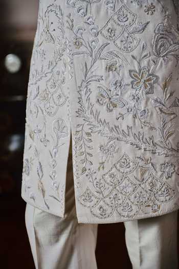Shop Mahima Mahajan Ivory , Cotton Satin, Silk Ved Embroidered Sherwani Set Shop_Mahima Mahajan_Ivory , Cotton Satin, Silk Ved Embroidered Sherwani Set