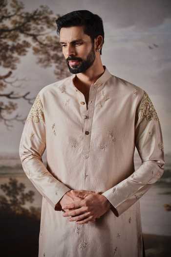 Shop Mahima Mahajan Beige Chanderi Aarav Embroidered Kurta Set Online at Aza Fashions Shop_Mahima Mahajan_Beige Chanderi Aarav Embroidered Kurta Set _Online_at_Aza_Fashions