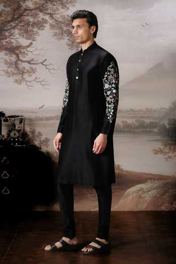 Shop Mahima Mahajan Black Chanderi Raghav Embroidered Sleeve Kurta Set Online at Aza Fashions Shop_Mahima Mahajan_Black Chanderi Raghav Embroidered Sleeve Kurta Set _Online_at_Aza_Fashions