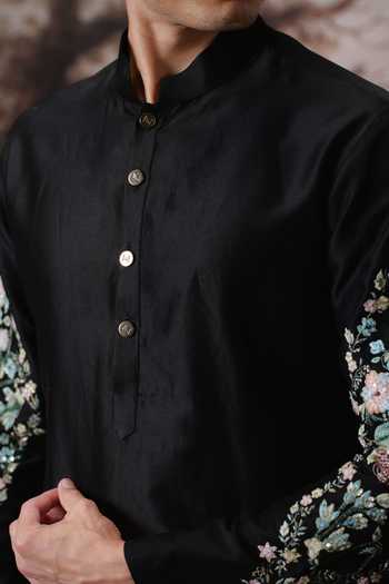 Shop Mahima Mahajan Black Chanderi Raghav Embroidered Sleeve Kurta Set Shop_Mahima Mahajan_Black Chanderi Raghav Embroidered Sleeve Kurta Set