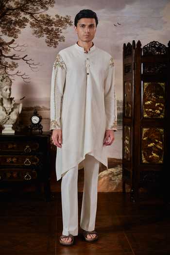 Mahima Mahajan Ivory Chanderi Aarit Embroidered Sleeve Asymmetric Kurta Set at Aza Fashions Mahima Mahajan_Ivory Chanderi Aarit Embroidered Sleeve Asymmetric Kurta Set _at_Aza_Fashions