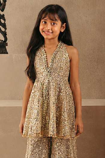 Buy Twenty Nine Gold Net Mirror Work Peplum Top And Sharara Set Online at Aza Fashions Buy_Twenty Nine_Gold Net Mirror Work Peplum Top And Sharara Set _Online_at_Aza_Fashions