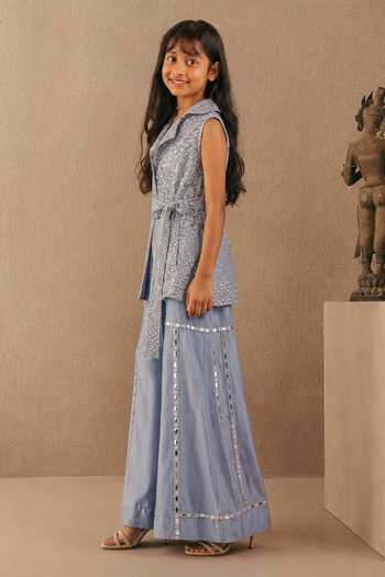 Buy Twenty Nine Sky Blue Net, Chanderi Mirror Work Blazer And Flared Pant Set Online at Aza Fashions Buy_Twenty Nine_Sky Blue Net, Chanderi Mirror Work Blazer And Flared Pant Set _Online_at_Aza_Fashions