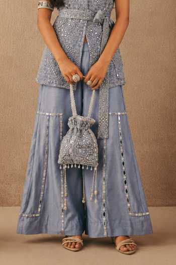 Shop Twenty Nine Sky Blue Net, Chanderi Mirror Work Blazer And Flared Pant Set Online at Aza Fashions Shop_Twenty Nine_Sky Blue Net, Chanderi Mirror Work Blazer And Flared Pant Set _Online_at_Aza_Fashions