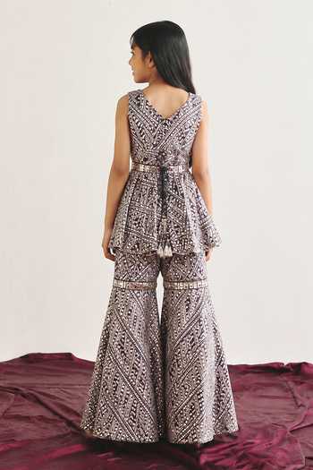 Shop Twenty Nine Grey Tissue Mirror Work Peplum Top And Sharara Set at Aza Fashions Shop_Twenty Nine_Grey Tissue Mirror Work Peplum Top And Sharara Set _at_Aza_Fashions