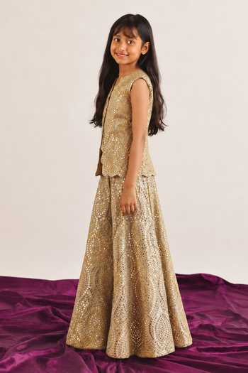 Twenty Nine Gold Tissue Mirror Work Gilet And Sharara Set Online at Aza Fashions Twenty Nine_Gold Tissue Mirror Work Gilet And Sharara Set _Online_at_Aza_Fashions