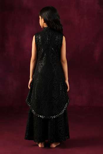Shop Twenty Nine Black Net Mirror Work Long Jacket And Sharara Set at Aza Fashions Shop_Twenty Nine_Black Net Mirror Work Long Jacket And Sharara Set _at_Aza_Fashions