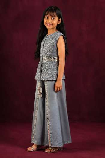Twenty Nine Silver Net Lace Mirror Work Jacket And Wrap Pant Set Online at Aza Fashions Twenty Nine_Silver Net Lace Mirror Work Jacket And Wrap Pant Set _Online_at_Aza_Fashions
