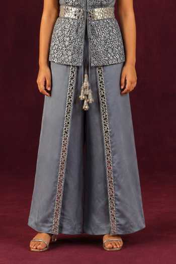 Buy Twenty Nine Silver Net Lace Mirror Work Jacket And Wrap Pant Set Online at Aza Fashions Buy_Twenty Nine_Silver Net Lace Mirror Work Jacket And Wrap Pant Set _Online_at_Aza_Fashions