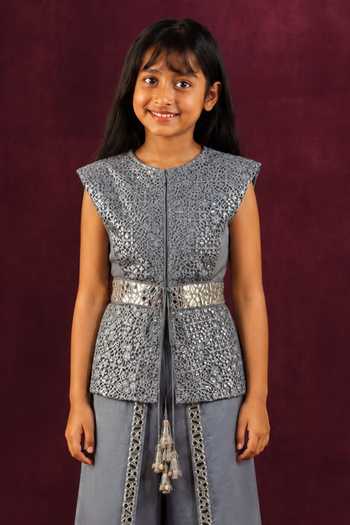 Shop Twenty Nine Silver Net Lace Mirror Work Jacket And Wrap Pant Set Online at Aza Fashions Shop_Twenty Nine_Silver Net Lace Mirror Work Jacket And Wrap Pant Set _Online_at_Aza_Fashions