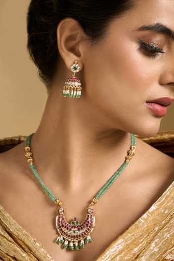 Buy Nazaakat By Samara Singh Green Bead Drop Pendant Necklace Set Buy_Nazaakat By Samara Singh_Green Bead Drop Pendant Necklace Set