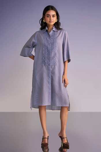 Dash And Dot Ruffled Bib Organza Stripe Shirt Dress 