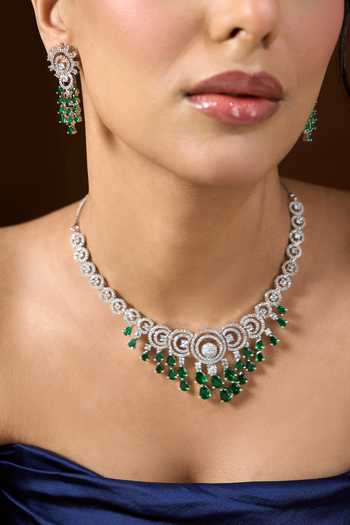 Shop Nazaakat By Samara Singh Silver Plated Tiered Stone Studded Necklace Set Shop_Nazaakat By Samara Singh_Silver Plated Tiered Stone Studded Necklace Set