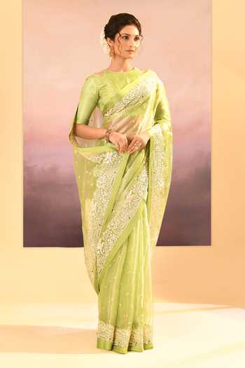 Shop_singhanias_Green Tissue Round Neck Saree With Running Blouse Fabric _Online_at_Aza_Fashions