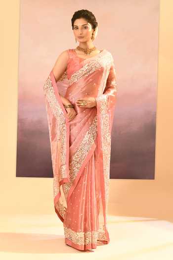 Shop_singhanias_Peach Tissue Saree With Running Blouse Fabric _Online_at_Aza_Fashions