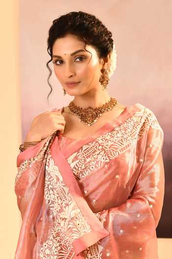 singhanias_Peach Tissue Saree With Running Blouse Fabric _at_Aza_Fashions