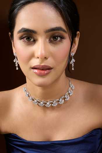 Nazaakat By Samara Singh Silver Plated Floral Pattern Stone Studded Necklace Set at Aza Fashions Nazaakat By Samara Singh_Silver Plated Floral Pattern Stone Studded Necklace Set _at_Aza_Fashions