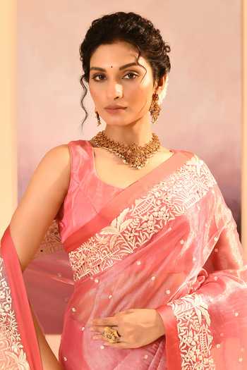 Buy_singhanias_Pink Tissue Saree With Running Blouse Fabric _Online_at_Aza_Fashions
