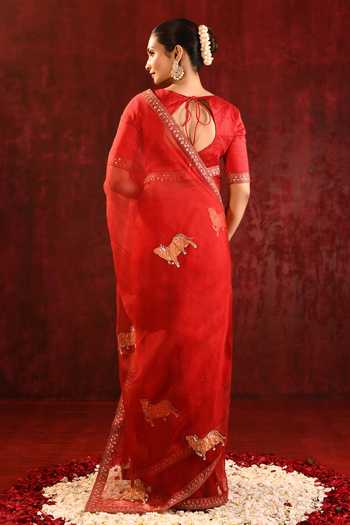 singhanias_Red Tissue Saree With Running Blouse Fabric _Online_at_Aza_Fashions
