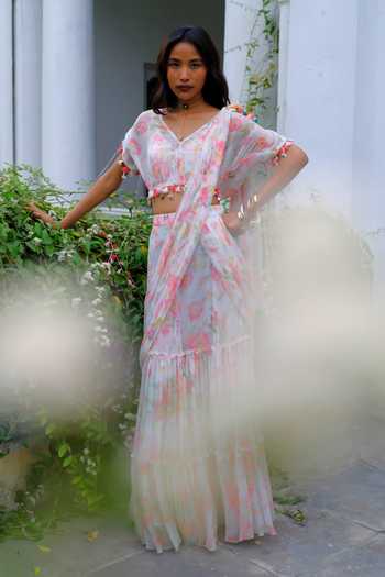 Buy Aangan By Parul Pink Silk, Chiffon V-neck Eleanor Floral Print Pre-draped Saree With Blouse Online at Aza Fashions Buy_Aangan By Parul_Pink Silk, Chiffon V-neck Eleanor Floral Print Pre-draped Saree With Blouse _Online_at_Aza_Fashions