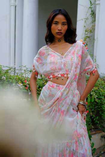 Aangan By Parul Pink Silk, Chiffon V-neck Eleanor Floral Print Pre-draped Saree With Blouse at Aza Fashions Aangan By Parul_Pink Silk, Chiffon V-neck Eleanor Floral Print Pre-draped Saree With Blouse _at_Aza_Fashions