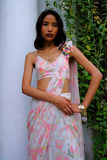 Buy Aangan By Parul Pink Silk, Chiffon V-neck Eleanor Floral Print Pre-draped Saree With Blouse Buy_Aangan By Parul_Pink Silk, Chiffon V-neck Eleanor Floral Print Pre-draped Saree With Blouse
