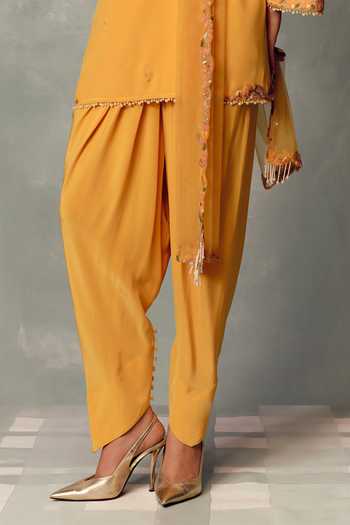 Buy_Dolly J_Yellow Net, Chiffon V-neck Sunlit Mango Kurta Set _Online_at_Aza_Fashions