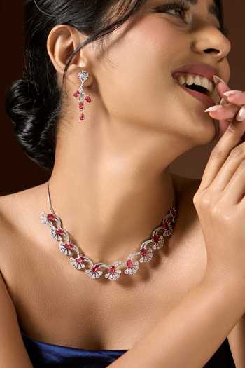 Shop Nazaakat By Samara Singh Silver Plated Floral Pattern Stone Studded Necklace Set Shop_Nazaakat By Samara Singh_Silver Plated Floral Pattern Stone Studded Necklace Set