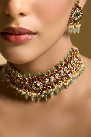 Shop_Nazaakat By Samara Singh_Gold Plated Polki Studded Necklace Set 