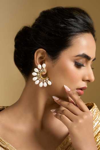 Nazaakat By Samara Singh_White Pearl Studded Earrings _at_Aza_Fashions