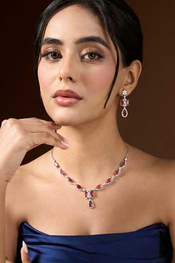 Shop Nazaakat By Samara Singh Silver Plated Teardrop Pendant Necklace Set Shop_Nazaakat By Samara Singh_Silver Plated Teardrop Pendant Necklace Set