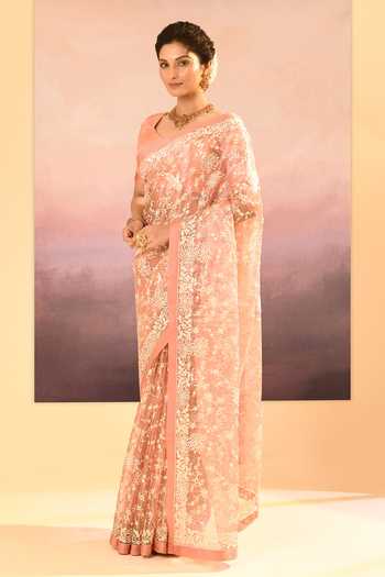 Buy_singhanias_Pink Tissue Saree With Running Blouse Fabric _Online_at_Aza_Fashions